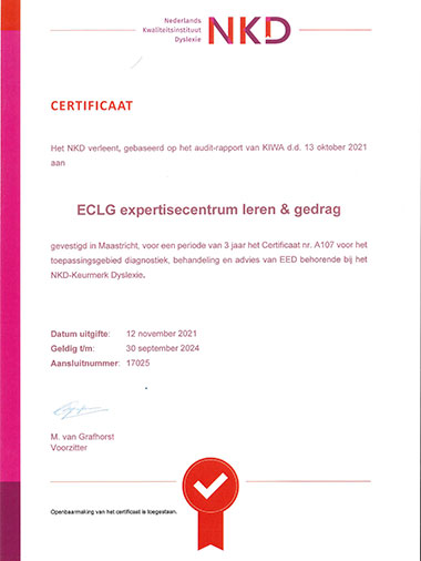 Certificaat NKD Nederlands Kwaliteitsinstituut Dyslexie 